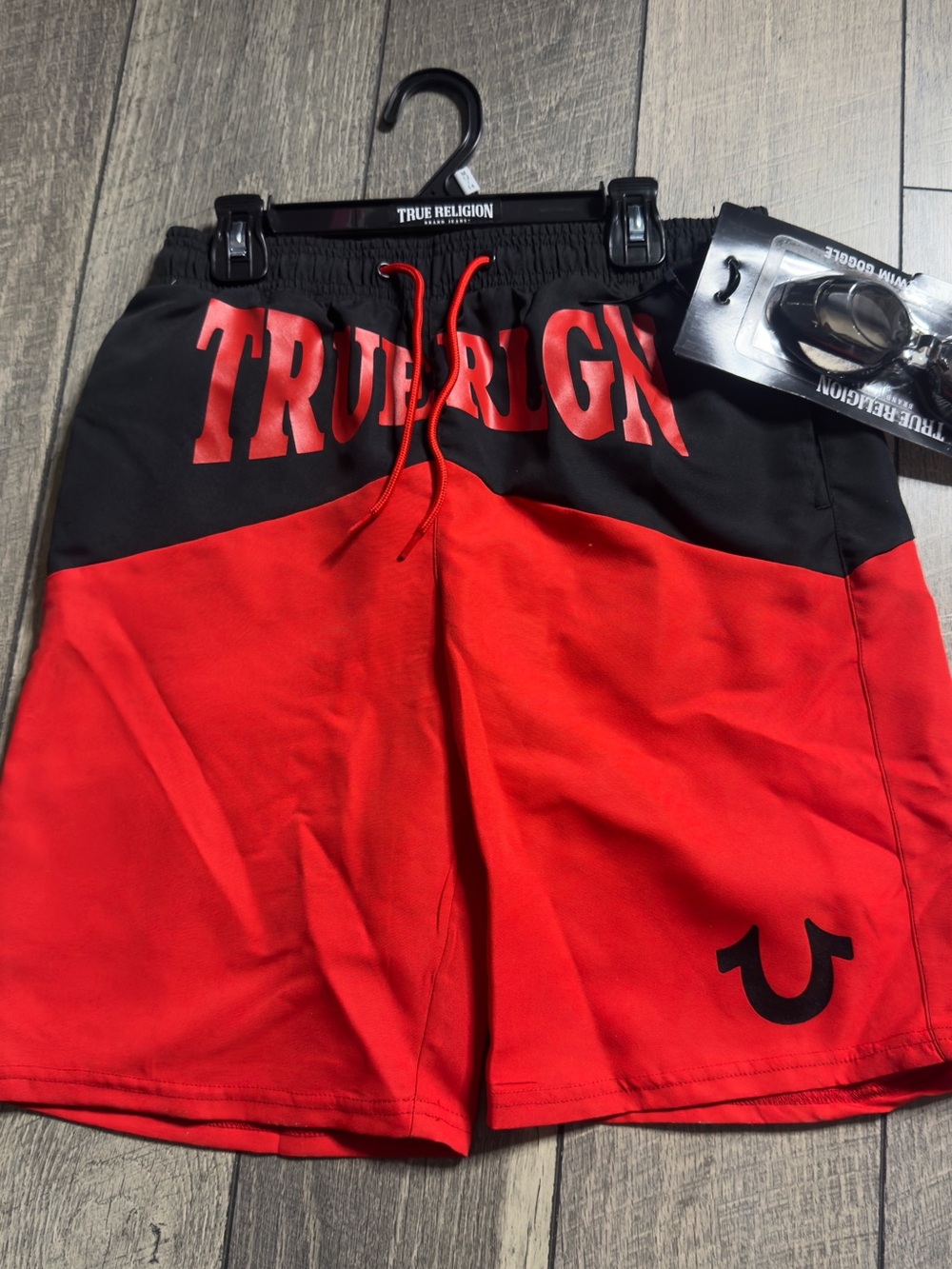 True Religion Black and Red Logo Swim Shorts with goggle Size 12/14. Kids
